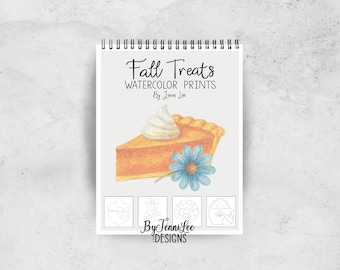 Fall Treats Watercolor Coloring Book Prints, 12 Ready to Paint Illustrations