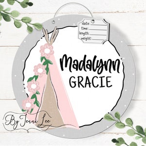 Teepee BoHo Baby Door Hanger, Hospital Door Sign, Baby Birth Announcement, Nursery Sign, Birth Stats Sign