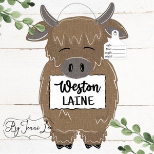 Baby Boy Highland Cow Hospital Birth Announcement Door Hanger, Cow Nursery Sign, Birth Stats Sign, Hospital Door Wreath, Birth Announcement