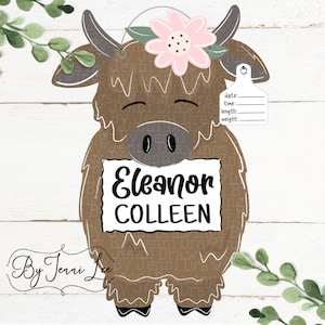Baby Girl Highland Cow Hospital Birth Announcement Door Hanger, Cow Nursery Sign, Birth Stats Sign, Hospital Door Wreath, Birth Announcement