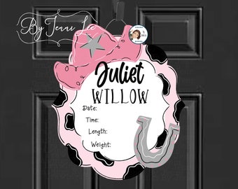 Cowgirl Rodeo Door Hanger, Hospital Door Birth Announcement, Girl Nursery Sign, Birth Stats Sign, Hospital Door Wreath, Birth Announcement