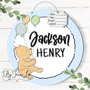 Classic Pooh Bear Hospital Birth Announcement Door Hanger, Baby Boy Nursery Sign, Birth Stats Sign, Hospital Door Wreath, Birth Announcement