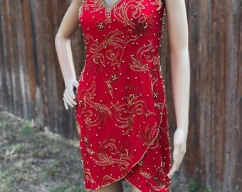 Leo Collection- Red Mini Cocktail Dress with Gold Beading Embroidery Size 2/4