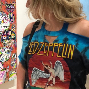 Distressed Custom Cut Cold Shoulder Halter Tie Dye Led Zeppelin 1975 US Tour Shirt