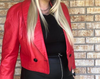 Aries Collection- Firenze Cropped Red Leather Jacket with Shoulder Pads Size M/L