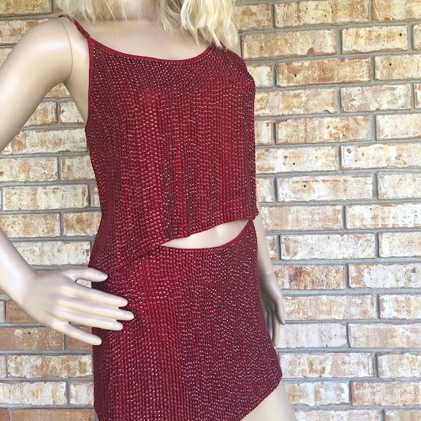 Aries Collection- Two Piece Red Sequin Jeweled Crop Top Cami & Mini Skirt Set Size XS