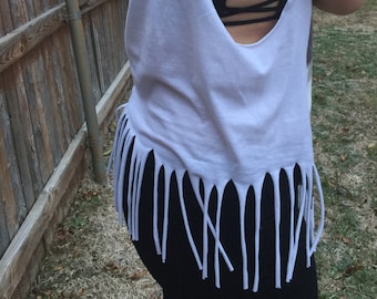 Distressed Sleeveless Custom Fringe David Bowie Crop Top