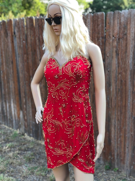 Leo Collection- Red Mini Cocktail Dress With Gold Beading Embroidery Size 2/4 - Etsy Leo Collection- Red Mini Cocktail Dress With Gold Beading Embroidery Size 2/4 - Etsy
