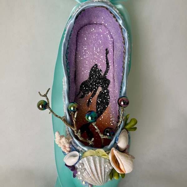 Decorated pointe shoe: The Little Mermaid, Ariel,Ocean and Pearls, OOAK Ocean theme art