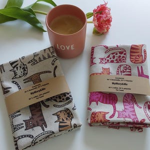 Cat Love  Geschirrtuch im Leinenlook, Geschenk für Katzenfreunde, Furoshikituch Katzen, Küchentuch mit Katzenmotiv