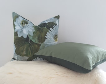 Federa cuscino in lino Greenery bicolore, abete e salvia, cuscino reversibile in lino