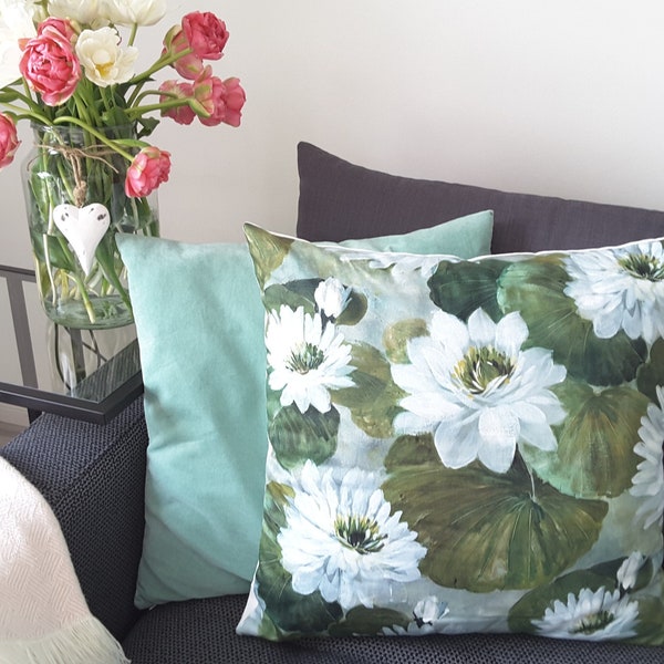 Housse de Coussin Nymphéas, Déco Verdure, Intérieur Vert Blanc