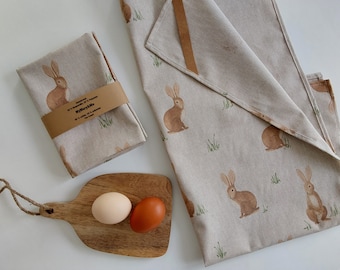 Rabbit tea towel in linen look, tea towel Easter, spring, bunny, hygge tea towel, floral tea towel