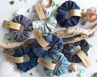 Scrunchie natural linen, "Shades of the Cote d'Azur", blue and grey colours