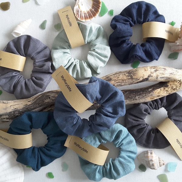 Scrunchie natural linen, "Shades of the Cote d'Azur", blue and grey colours