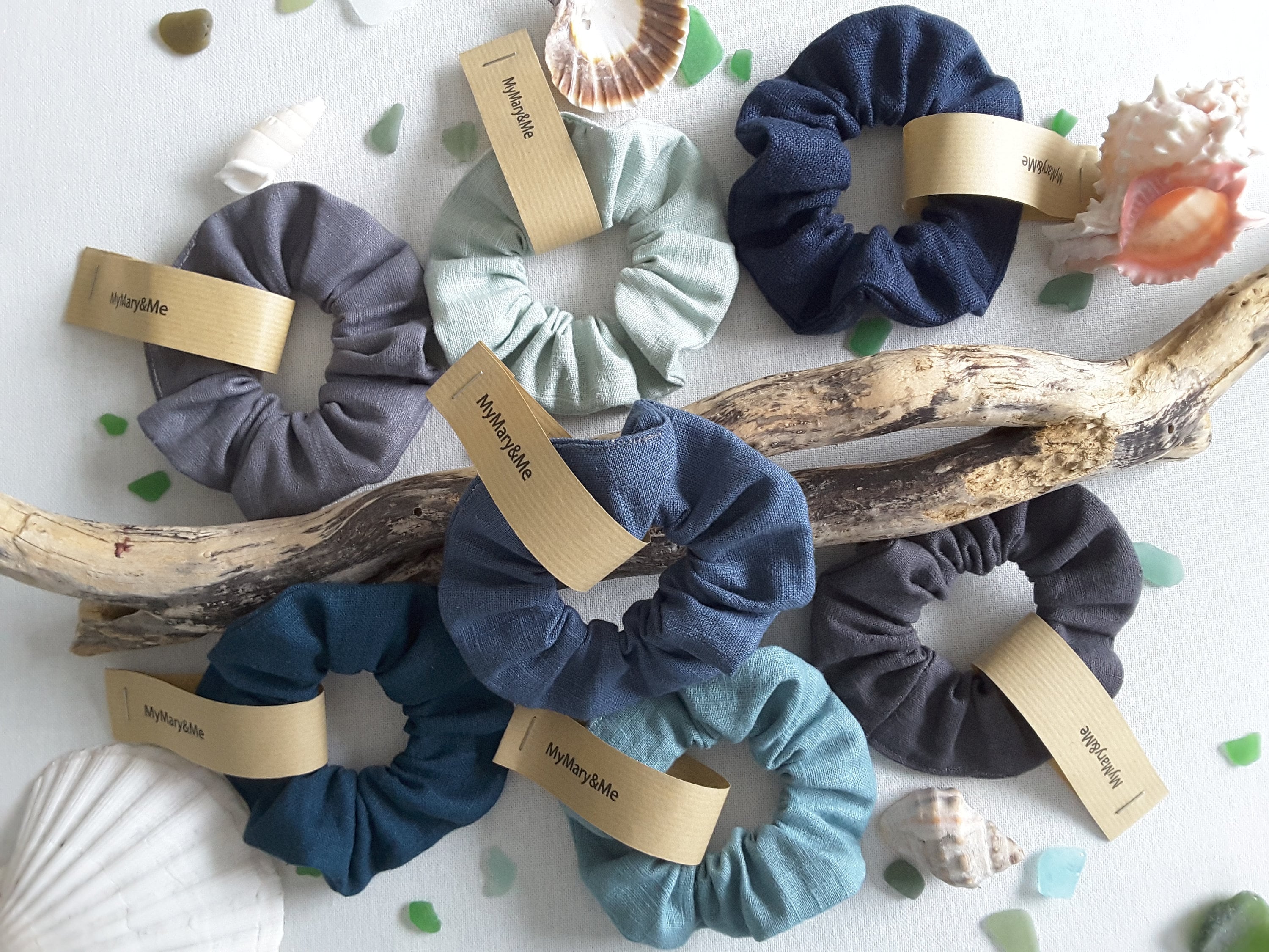 Scrunchie natural linen, "Shades of the Cote d'Azur", b…