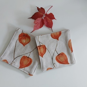 Tassenuntersetzer Lampionblume im 2er Set, Herbst Tassen- Gläseruntersetzer,  mug rug lantern flower, set of 2