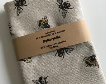 Bumblebee linen-look tea towel, Easter tea towel, bee tea towel, summer tea towel, bumblebee furoshiki towel, gift for garden parties