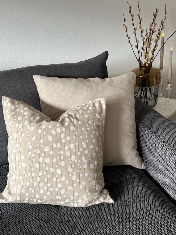 Frühlings-Kissenhülle mit Weidenkätzchen-Design, pussy willow cushion cover, umweltfreundlicher Hotelverschluss, Leinenlook, Oster Kissen