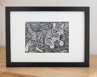 Jumping cat linocut print, tabby cat print