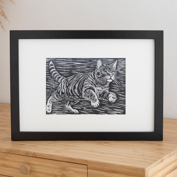 Jumping cat linocut print, tabby cat print