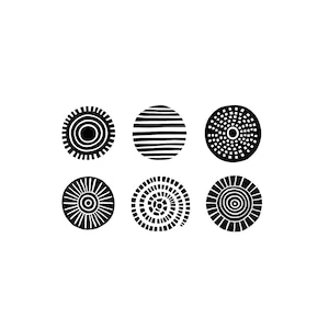 Znaczek geometryczny, zestaw 6 znaczków w kształcie koła, wzór etniczny, znaczek z wzorem, znaczek abstrakcyjny, znaczek drewniany, rzeźbiony ręcznie, znaczek gliniany