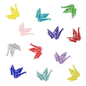May include: A set of 12 colorful origami paper cranes with a distressed, vintage look. The cranes are arranged in a circle on a white background.