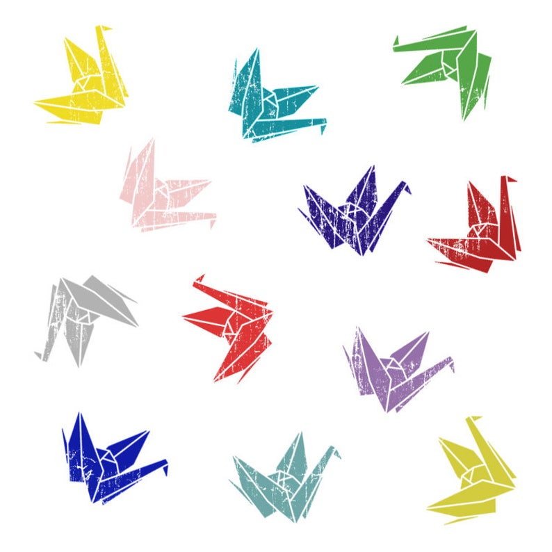 May include: A set of 12 colorful origami paper cranes with a distressed, vintage look. The cranes are arranged in a circle on a white background.