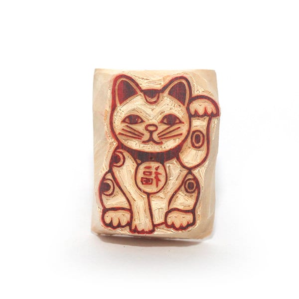 Stamp, Fortune Cat (Maneki Neko) Design, Hand Carved Wood Stamp, clay stamp, pottery stamp, postcard stamp