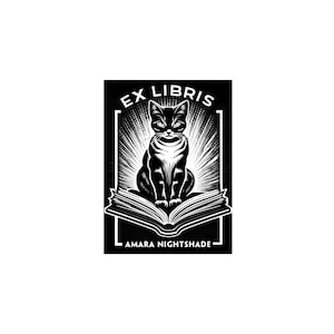 Mystic Feline Mark: Cat Ex Libris Stamp for Personalized Book Ownership