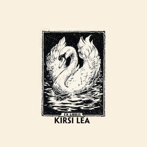 May include: A monochrome illustration of a swan on water, enclosed within a black border. The text "EX LIBRIS KIRSI LEA" is displayed at the bottom. The swan is the central element, with intricate feather detailing.