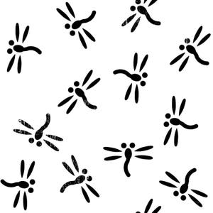May include: A seamless pattern featuring black dragonfly silhouettes on a white background. The dragonflies are stylized and have a simple, graphic design.
