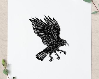 Hand Carved Crow Stamp: Bird Print for Planner, Card Making