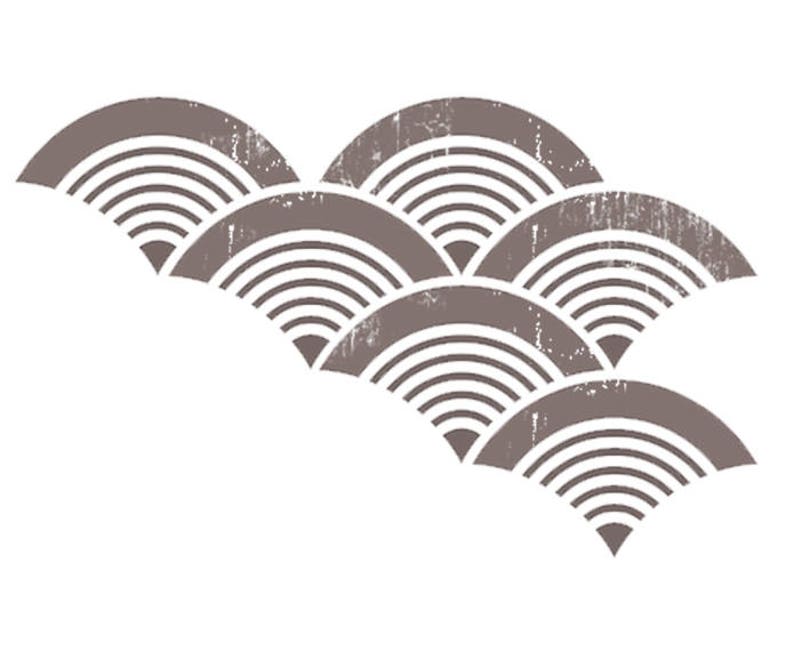May include: A brown and white geometric pattern of overlapping semi-circles, reminiscent of waves. The pattern has a distressed, vintage look.