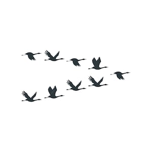 May include: A flock of black birds flying in a V formation against a white background.