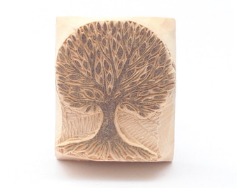 tree stamp, tree of life, tree of life stamp, hand carved, printing block, clay stamp, pottery stamp, postcard stamp