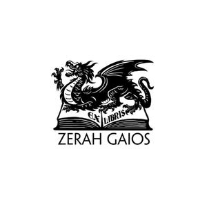 May include: Black and white illustration of a dragon perched atop an open book. The text "EX LIBRIS" is visible on the book, with "ZERAH GAIOS" below. The dragon has detailed scales and wings.