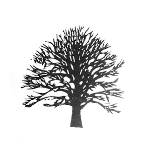 May include: A black and white illustration of a tree with bare branches. The tree's silhouette is centered against a white background, showcasing the intricate network of its branches and trunk. The image is a simple, yet detailed, representation of a tree.