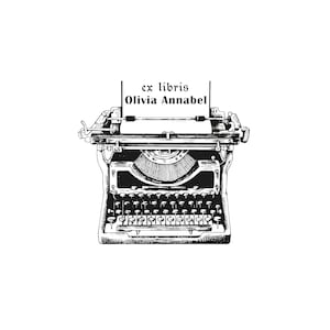 May include: Black and white illustration of a vintage typewriter with the text "ex libris Olivia Annabel" on a piece of paper in the carriage.