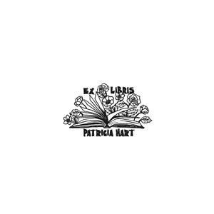 May include: Black and white illustration of an open book with flowers growing out of it. The text "Ex Libris Patricia Hart" is printed below the book.