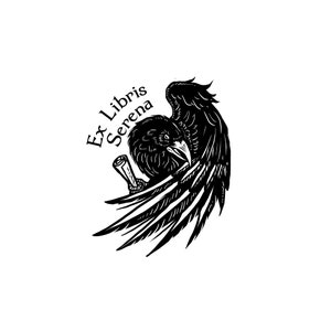 May include: Black and white illustration of a raven holding a scroll with the text "Ex Libris Serena" in a circular design.