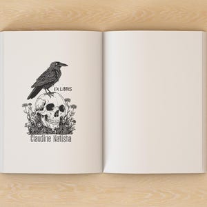 Raven Ex Libris Rubber Stamp: Personalized Bookplate Stamp
