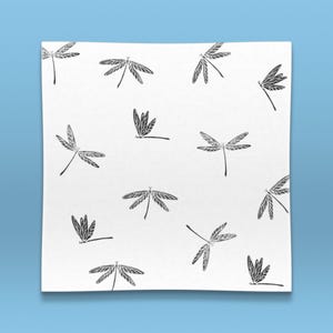 May include: A white background with a repeating pattern of black dragonfly illustrations.