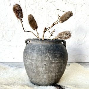 Vintage Black Gray Clay Pottery Pot Vase Medium