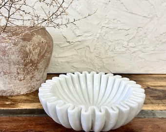White Marble Ruffle Bowl, Fluted Carved Stone Tray, Large 10” Decorative Bowl for Coastal Home Decor