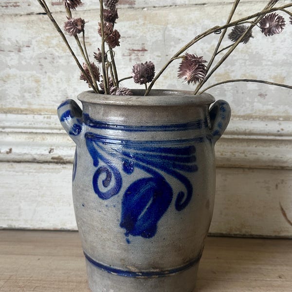 Vintage German Stoneware Crock - Farmhouse Décor with Cobalt Blue Tulip Motif - Ships Free!