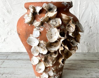 Vintage Oyster Shell Encrusted Terra Cotta Pot Vase {No. 2}