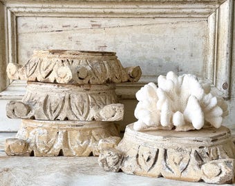 Hand Carved Wood Pedestal Base Riser | White Chippy Paint Display Stand (10 inch)