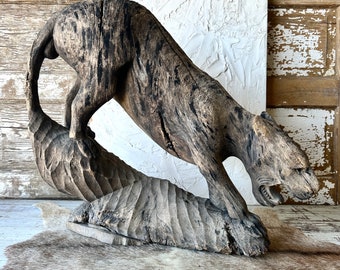 Antique Vintage Driftwood Big Cat Driftwood Folk Art Sculpture