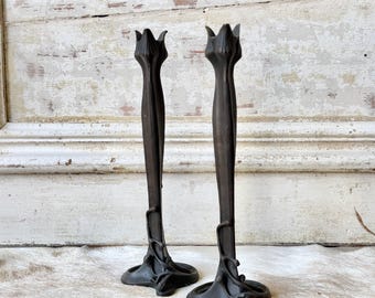 Antique Art Nouveau Bronze Candlesticks Pair Candle Stands Holders | Flower Bud Tulip